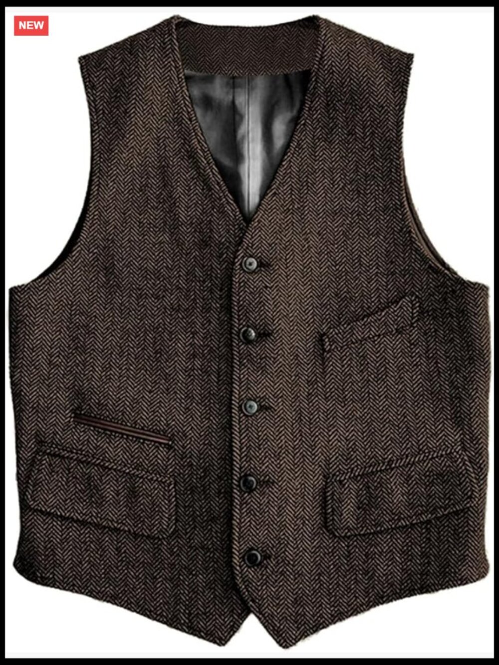 Vintage Herringbone Pattern Men's Suit Vest with V Neck - Wool Blend Waistcoat